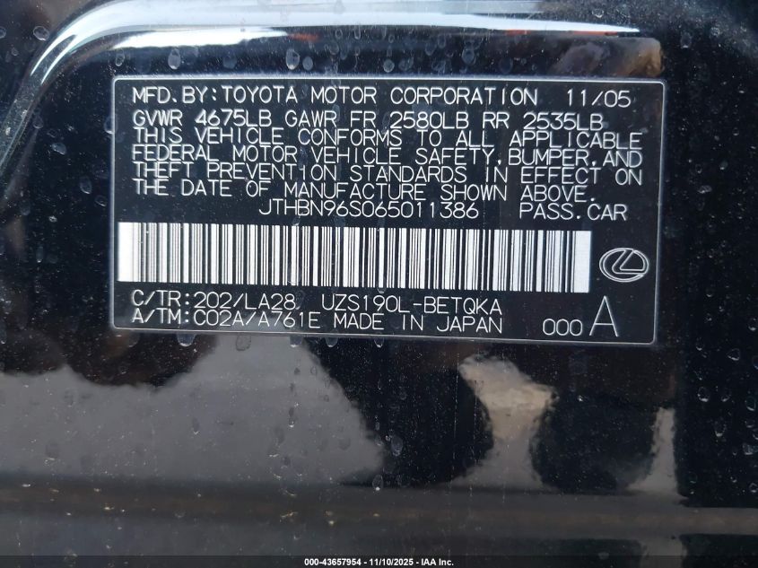 2006 Lexus Gs 430 VIN: JTHBN96S065011386 Lot: 43657954