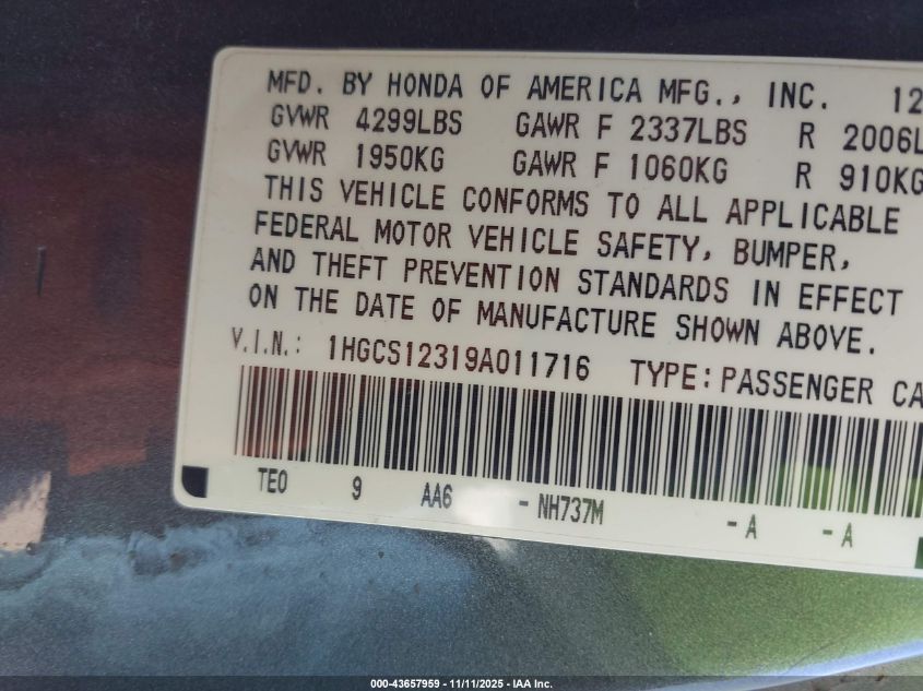 2009 Honda Accord 2.4 Lx-S VIN: 1HGCS12319A011716 Lot: 43657959
