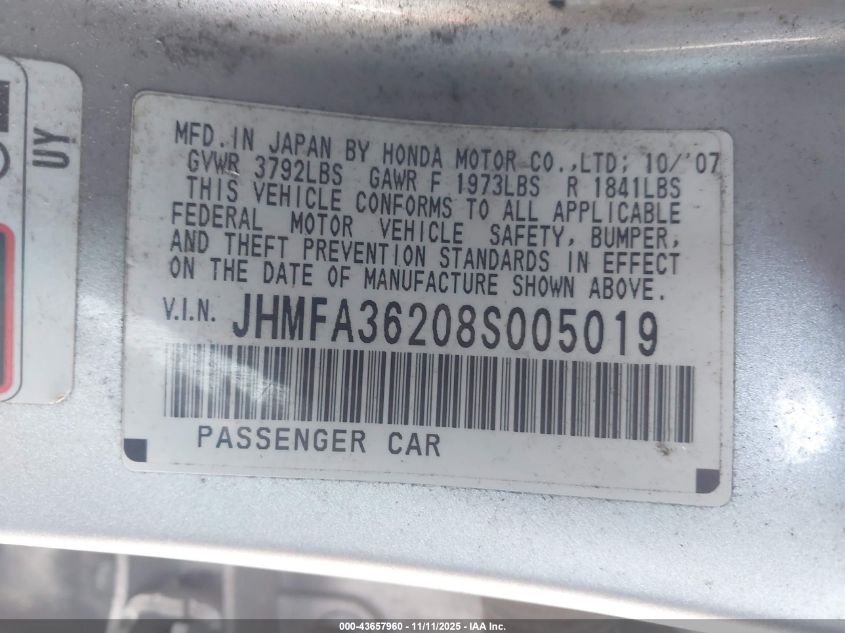 2008 Honda Civic Hybrid VIN: JHMFA36208S005019 Lot: 43657960