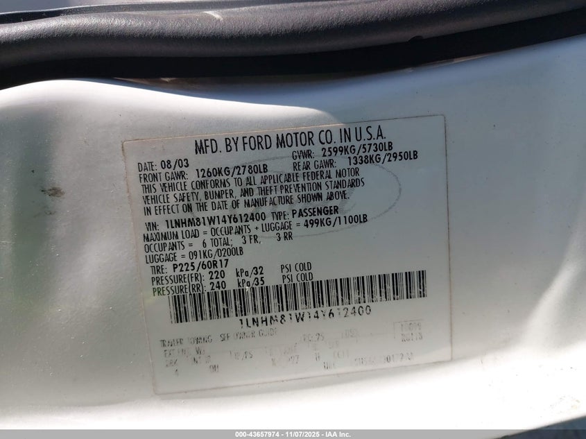 2004 Lincoln Town Car Signature VIN: 1LNHM81W14Y612400 Lot: 43657974