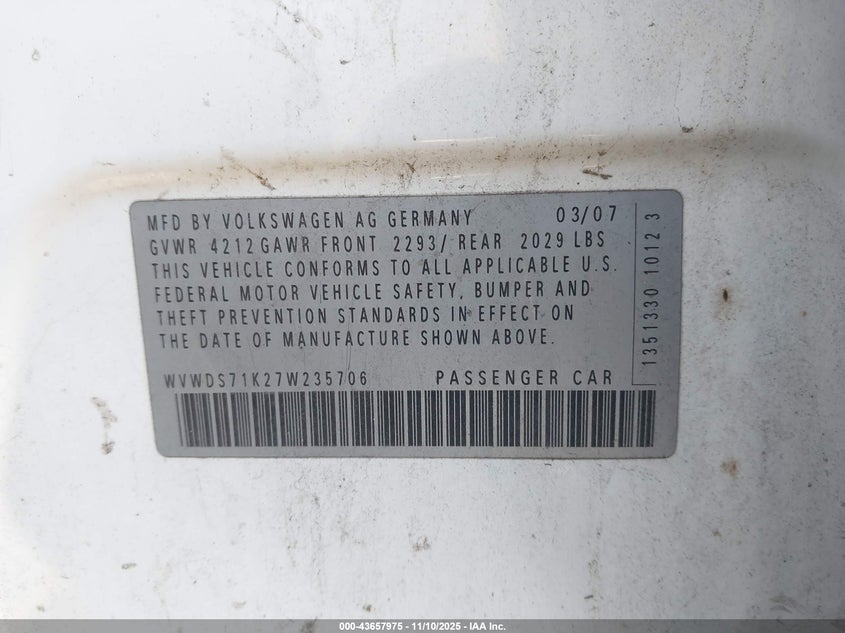 2007 Volkswagen Rabbit 4-Door VIN: WVWDS71K27W235706 Lot: 43657975