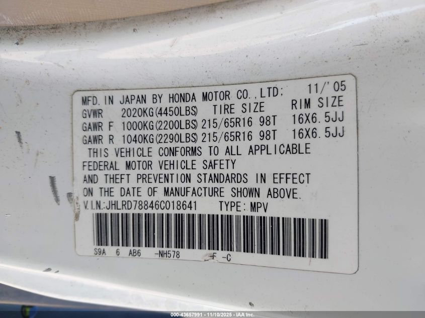 2006 Honda Cr-V Ex VIN: JHLRD78846C018641 Lot: 43657991