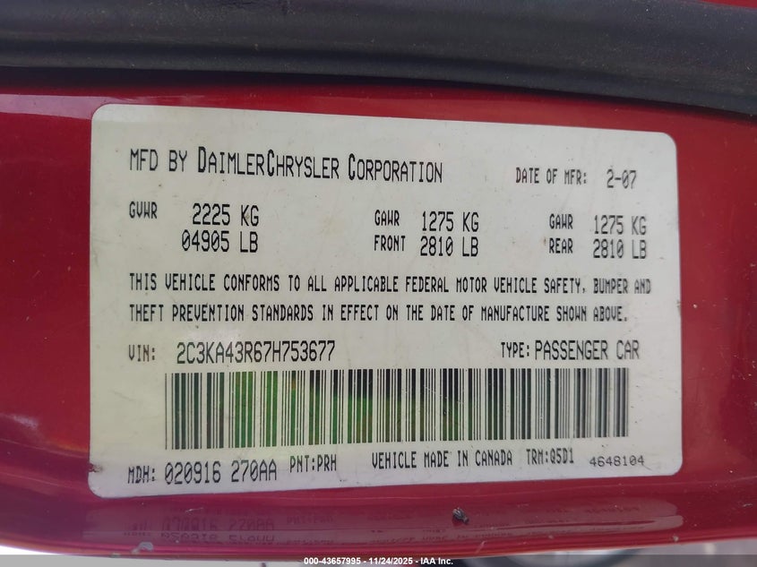 2007 Chrysler 300 VIN: 2C3KA43R67H753677 Lot: 43657995
