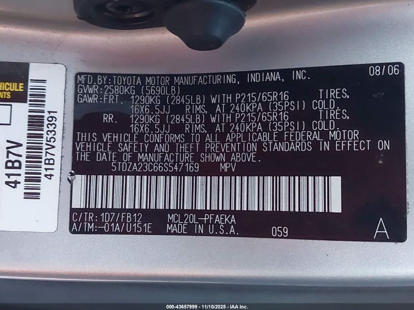 2006 Toyota Sienna Ce VIN: 5TDZA23C66S547169 Lot: 43657999