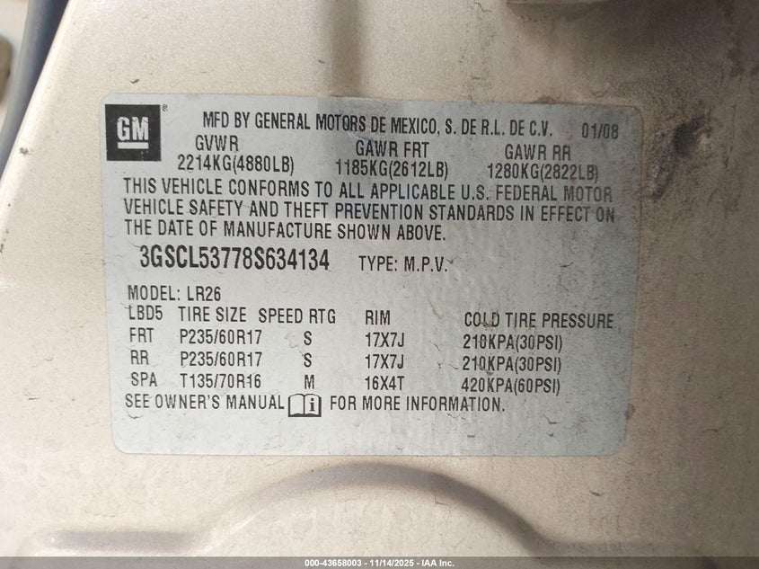 2008 Saturn Vue V6 Xr VIN: 3GSCL53778S634134 Lot: 43658003