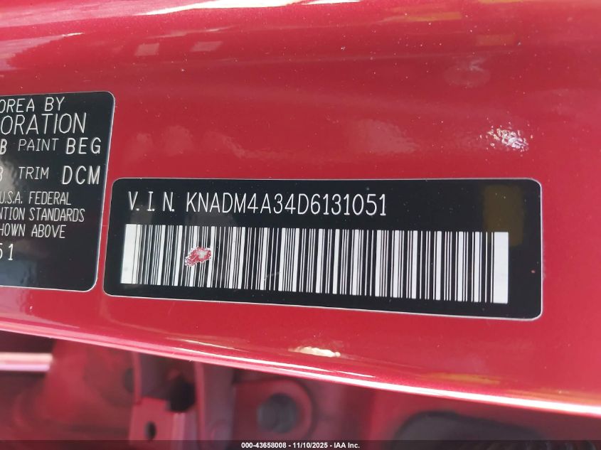 2013 Kia Rio Lx VIN: KNADM4A34D6131051 Lot: 43658008