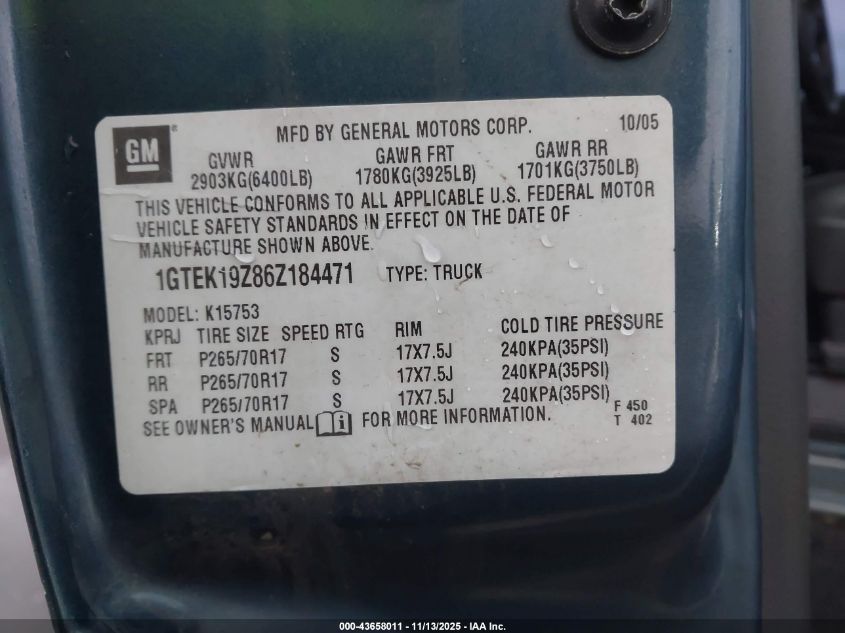 2006 GMC Sierra 1500 Slt VIN: 1GTEK19Z86Z184471 Lot: 43658011