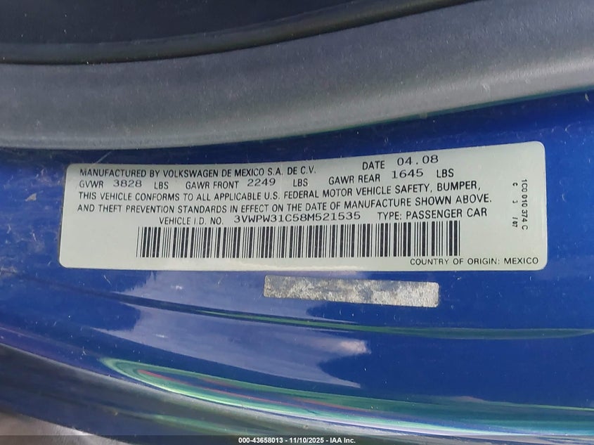 2008 Volkswagen New Beetle S VIN: 3VWPW31C58M521535 Lot: 43658013