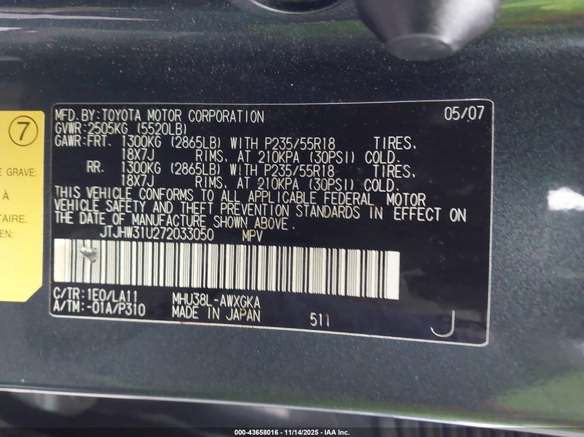 2007 Lexus Rx 400H VIN: JTJHW31U272033050 Lot: 43658016