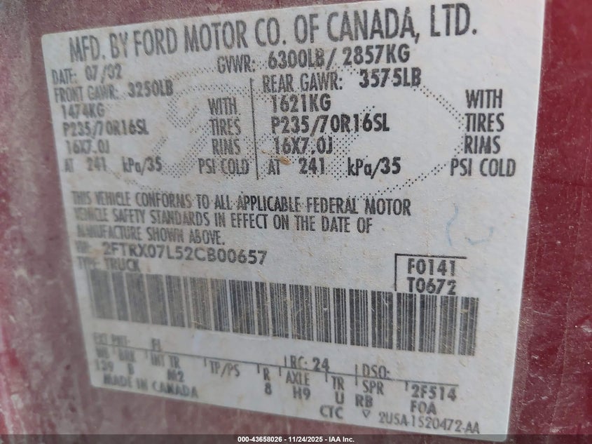 2002 Ford F-150 Lariat/Xl/Xlt VIN: 2FTRX07L52CB00657 Lot: 43658026