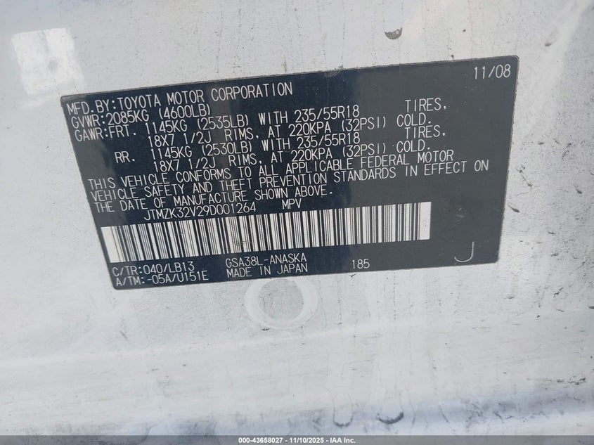 2009 Toyota Rav4 Sport V6 VIN: JTMZK32V29D001264 Lot: 43658027