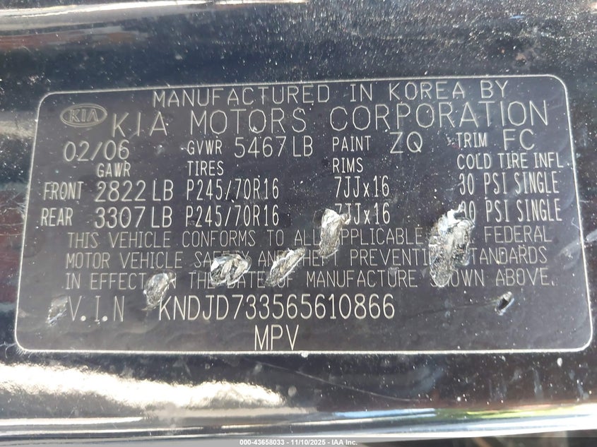 KNDJD733565610866 2006 KIA SORENTO photo no. 9