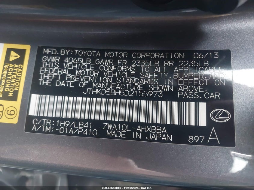 2013 LEXUS CT 200H JTHKD5BH5D2155973