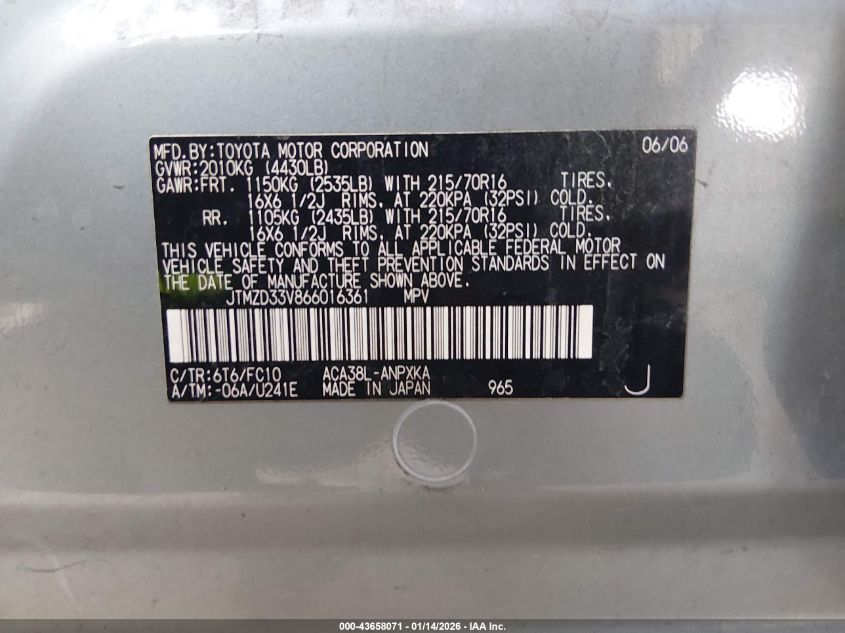 2006 Toyota Rav4 VIN: JTMZD33V866016361 Lot: 43658071