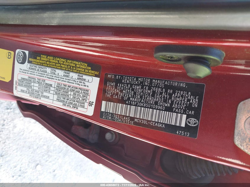 4T1BF30K85U109960 2005 TOYOTA CAMRY photo no. 9