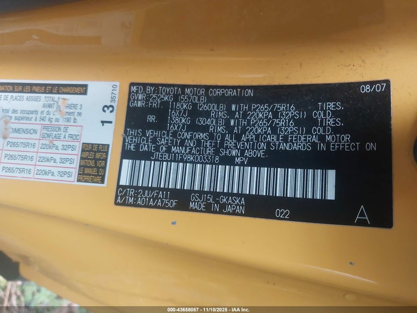 2008 Toyota Fj Cruiser VIN: JTEBU11F98K003318 Lot: 43658087