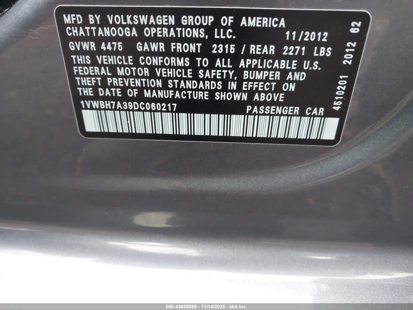 2013 Volkswagen Passat 2.5L Se VIN: 1VWBH7A39DC060217 Lot: 43658099