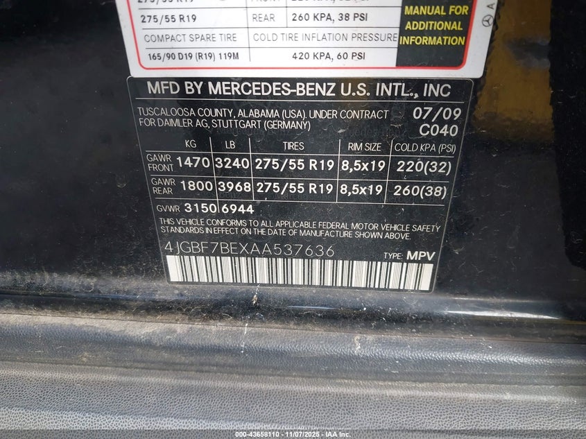 2010 Mercedes-Benz Gl 450 4Matic VIN: 4JGBF7BEXAA537636 Lot: 43658110