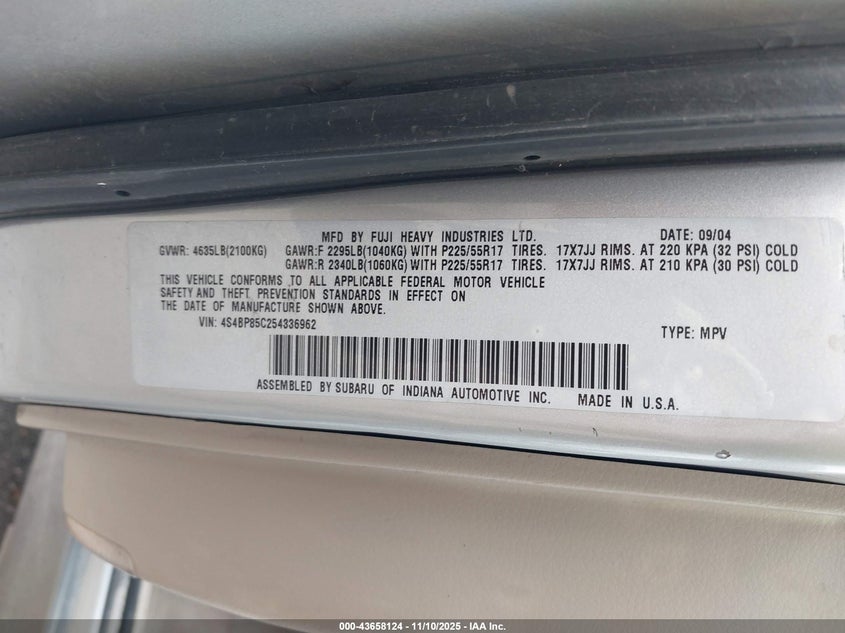 2005 Subaru Outback 3.0R Vdc Limited VIN: 4S4BP85C254336962 Lot: 43658124