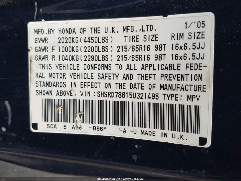 2005 Honda Cr-V Ex VIN: SHSRD78815U321495 Lot: 43658126