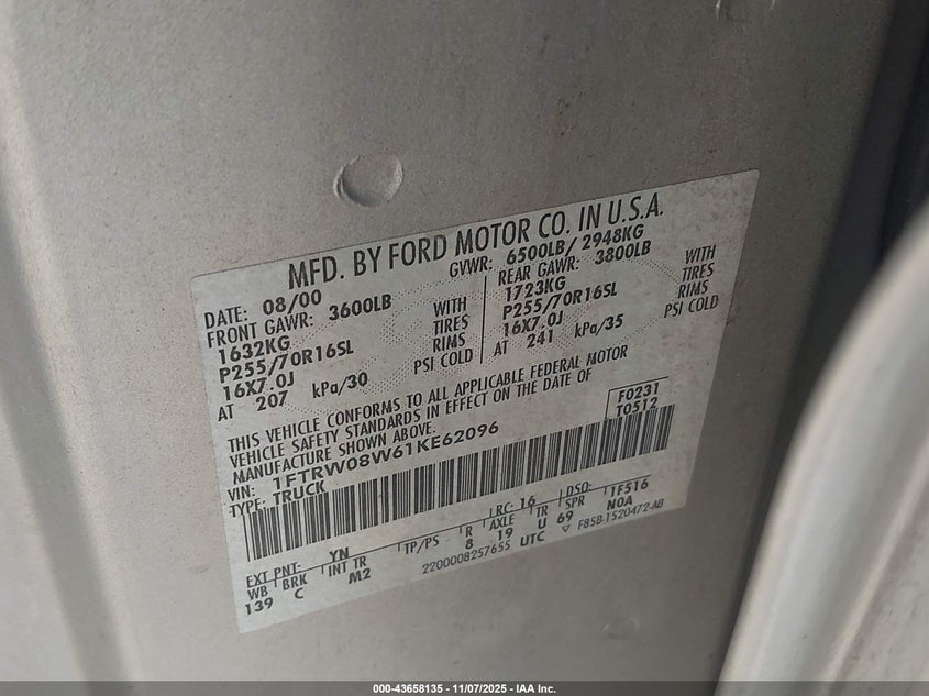 2001 Ford F-150 King Ranch Edition/Lariat/Xlt VIN: 1FTRW08W61KE62096 Lot: 43658135