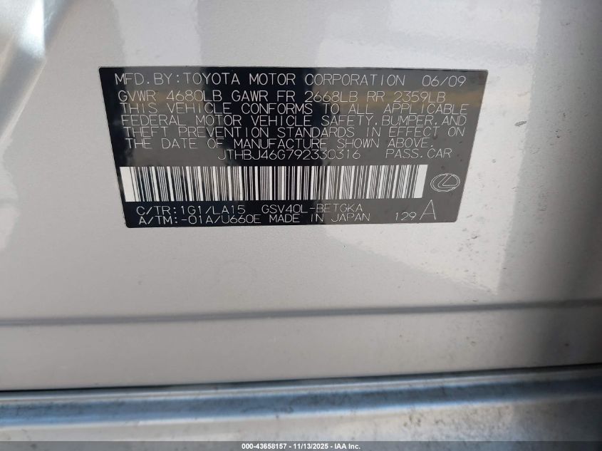 2009 Lexus Es 350 VIN: JTHBJ46G792330316 Lot: 43658157