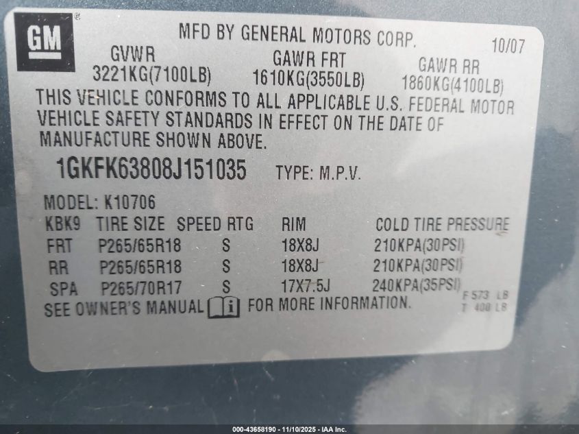2008 GMC Yukon Denali VIN: 1GKFK63808J151035 Lot: 43658190