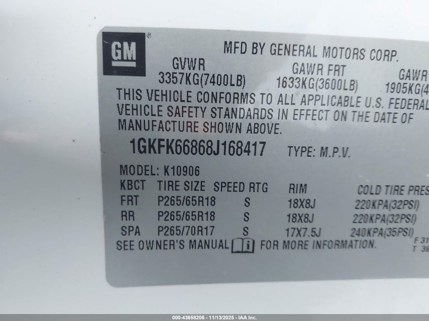2008 GMC Yukon Xl 1500 Denali VIN: 1GKFK66868J168417 Lot: 43658206