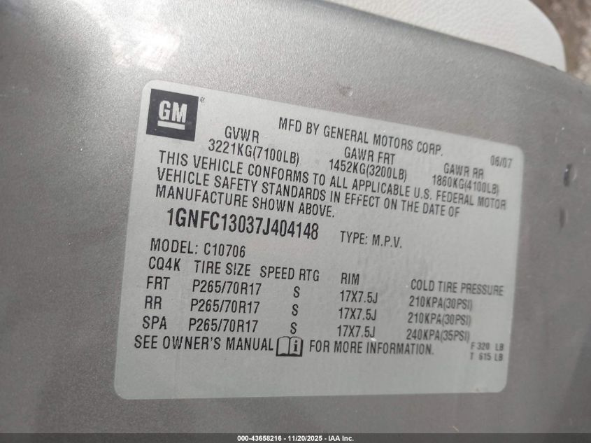 2007 Chevrolet Tahoe Lt VIN: 1GNFC13037J404148 Lot: 43658216