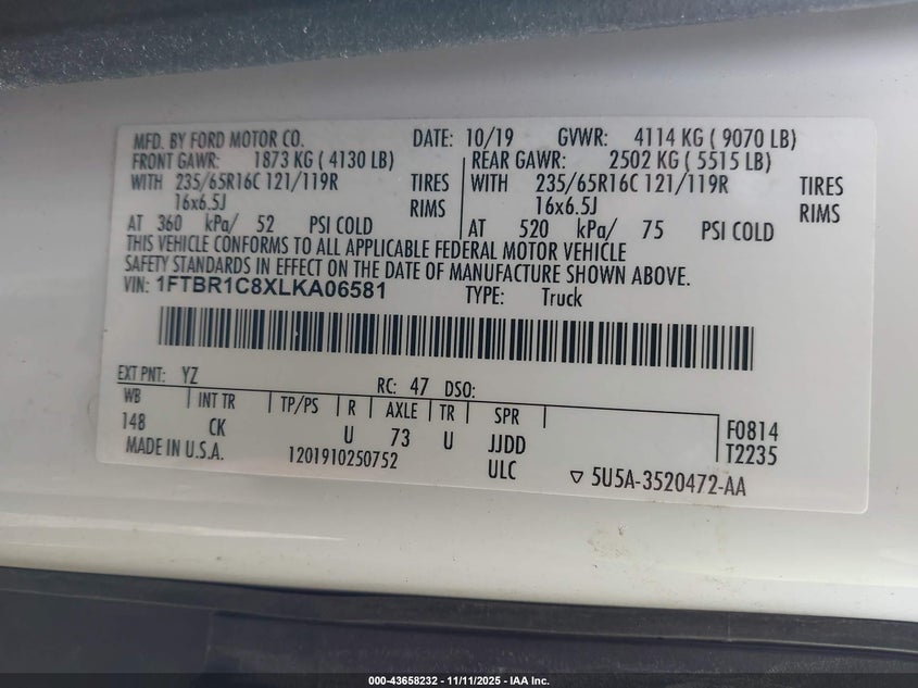 2020 Ford Transit-250 VIN: 1FTBR1C8XLKA06581 Lot: 43658232