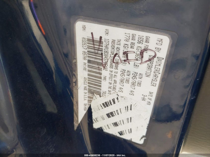 2003 Dodge Ram 1500 Slt/Laramie/St VIN: 1D7HA18Z33J509061 Lot: 43658236