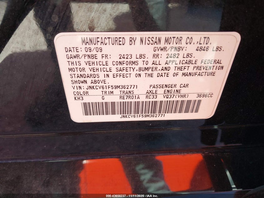 2009 Infiniti G37X VIN: JNKCV61F59M362771 Lot: 43658237