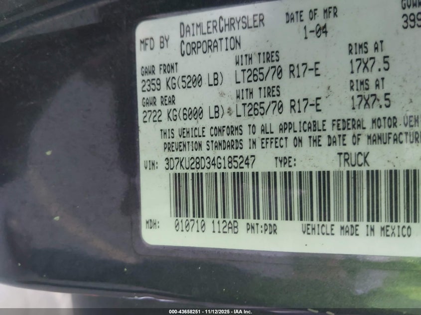 2004 Dodge Ram 2500 Slt/Laramie VIN: 3D7KU28D34G185247 Lot: 43658251