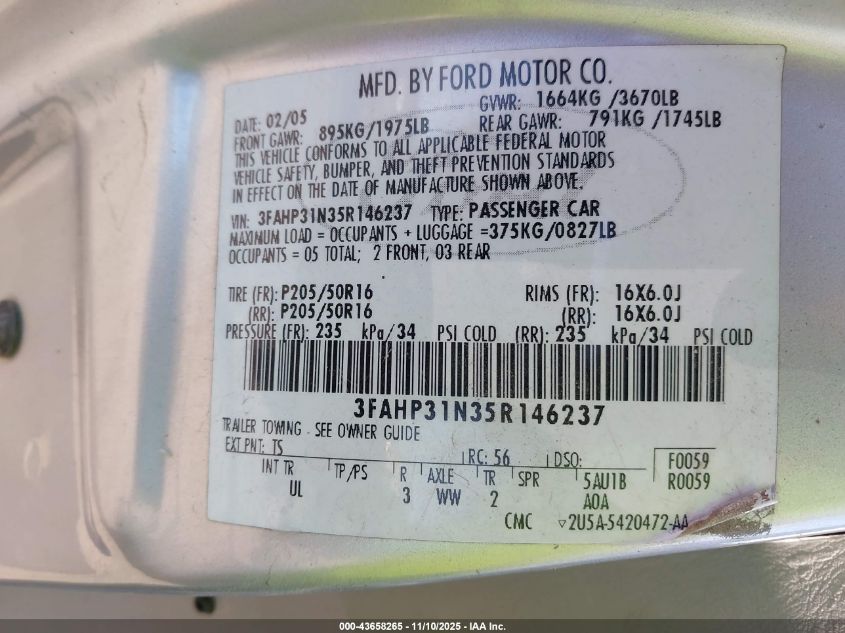 2005 Ford Focus Zx3 VIN: 3FAHP31N35R146237 Lot: 43658265