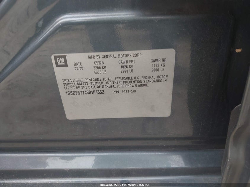2008 Cadillac Cts Standard VIN: 1G6DF577480184552 Lot: 43658276
