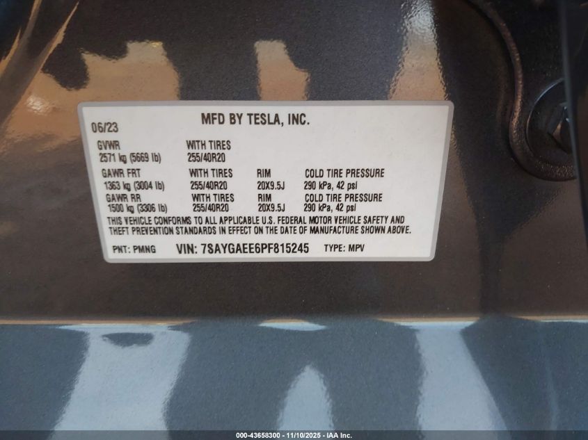 2023 Tesla Model Y Awd/Long Range Dual Motor All-Wheel Drive VIN: 7SAYGAEE6PF815245 Lot: 43658300