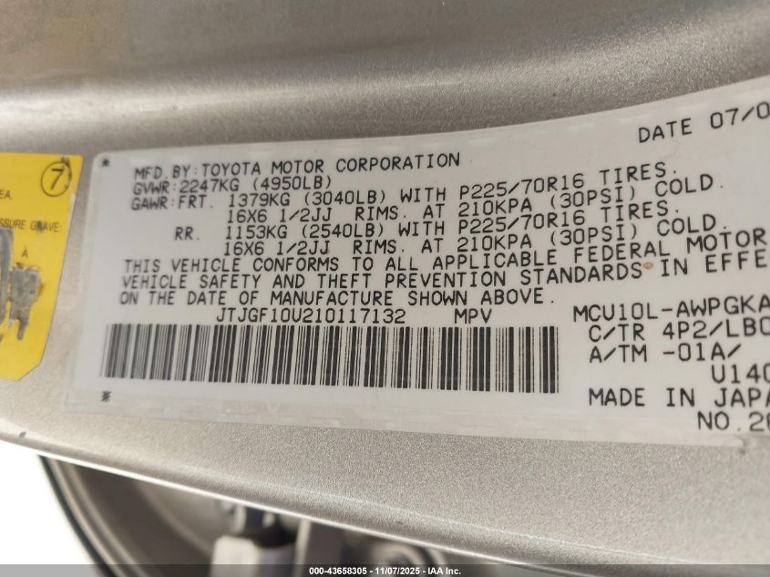 2001 Lexus Rx 300 VIN: JTJGF10U210117132 Lot: 43658305