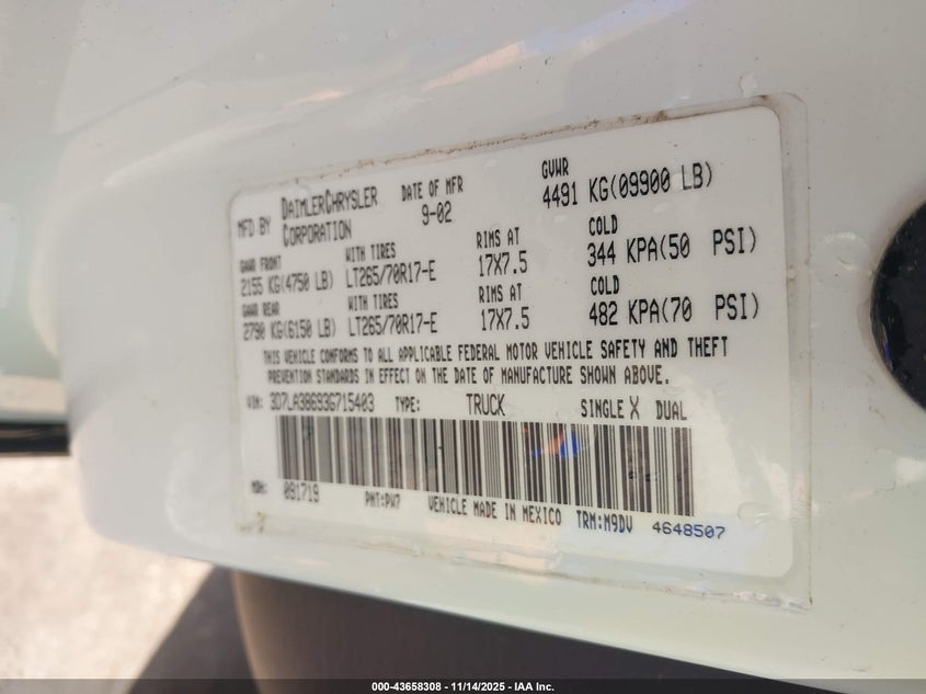 2003 Dodge Ram 3500 Slt/Laramie/St VIN: 3D7LA38693G715403 Lot: 43658308