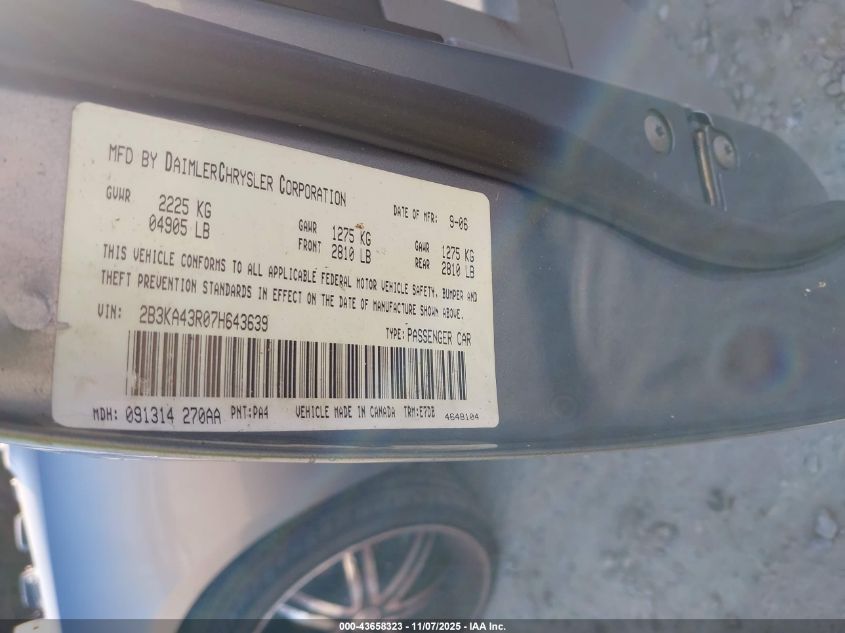 2007 Dodge Charger VIN: 2B3KA43R07H643639 Lot: 43658323