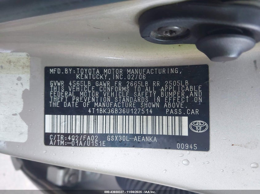 2006 Toyota Avalon Xl VIN: 4T1BK36B36U127514 Lot: 43658327