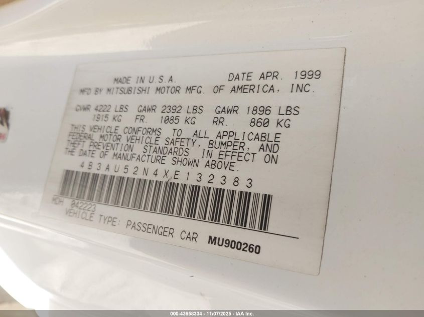 1999 Dodge Avenger Es VIN: 4B3AU52N4XE132383 Lot: 43658334