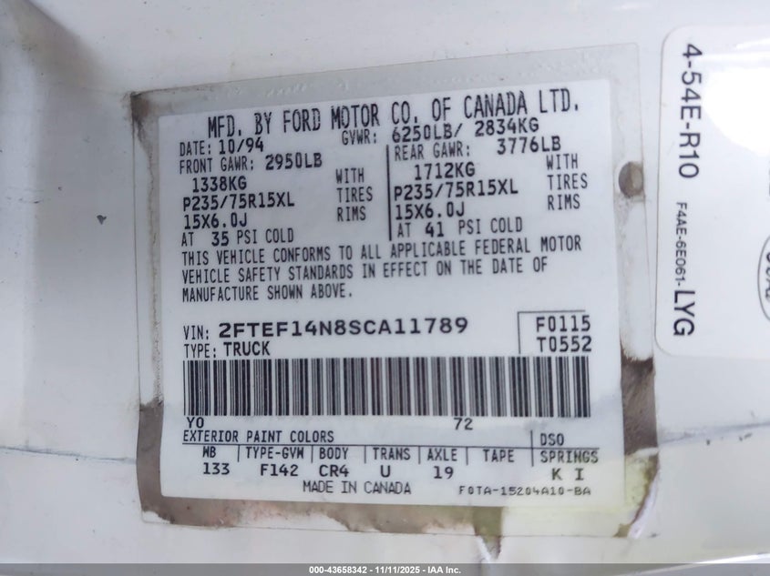 1995 Ford F150 VIN: 2FTEF14N8SCA11789 Lot: 43658342