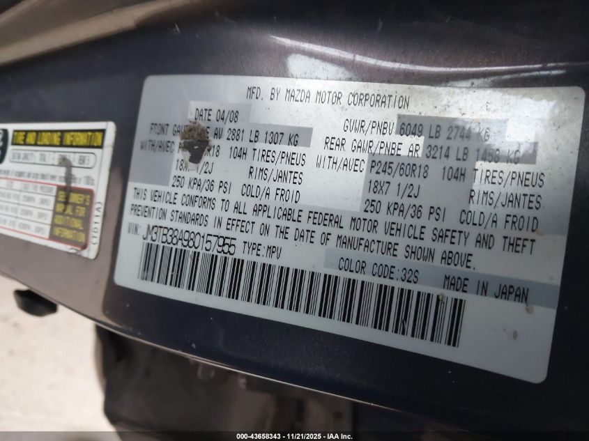 2008 Mazda Cx-9 Touring VIN: JM3TB38A980157955 Lot: 43658343