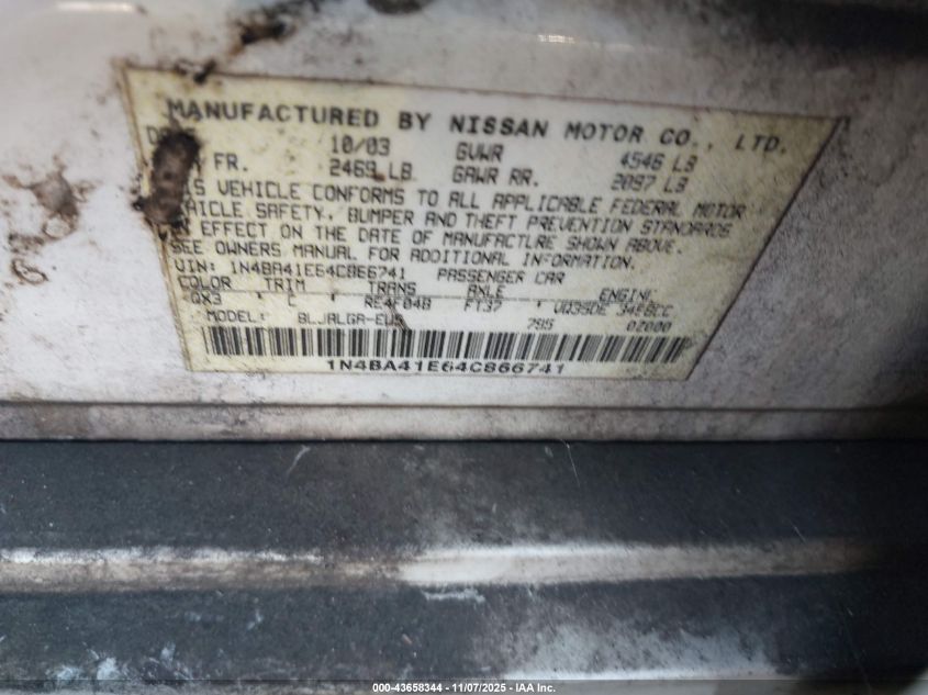 2004 Nissan Maxima 3.5 Sl VIN: 1N4BA41E64C866741 Lot: 43658344