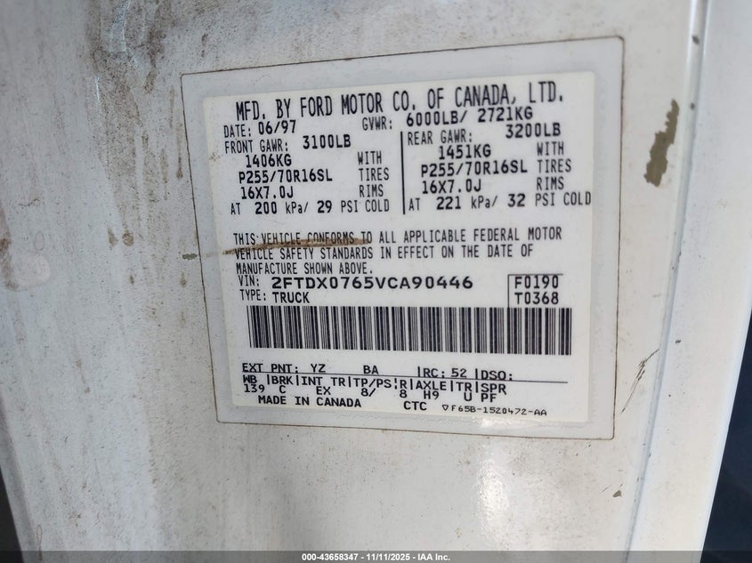 1997 Ford F-150 Lariat/Xl/Xlt VIN: 2FTDX0765VCA90446 Lot: 43658347