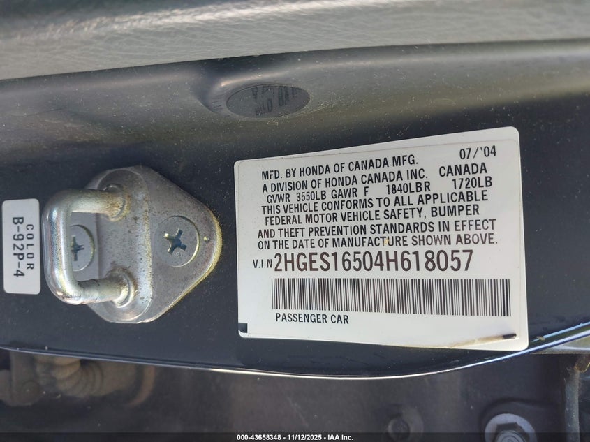 2004 Honda Civic Lx VIN: 2HGES16504H618057 Lot: 43658348
