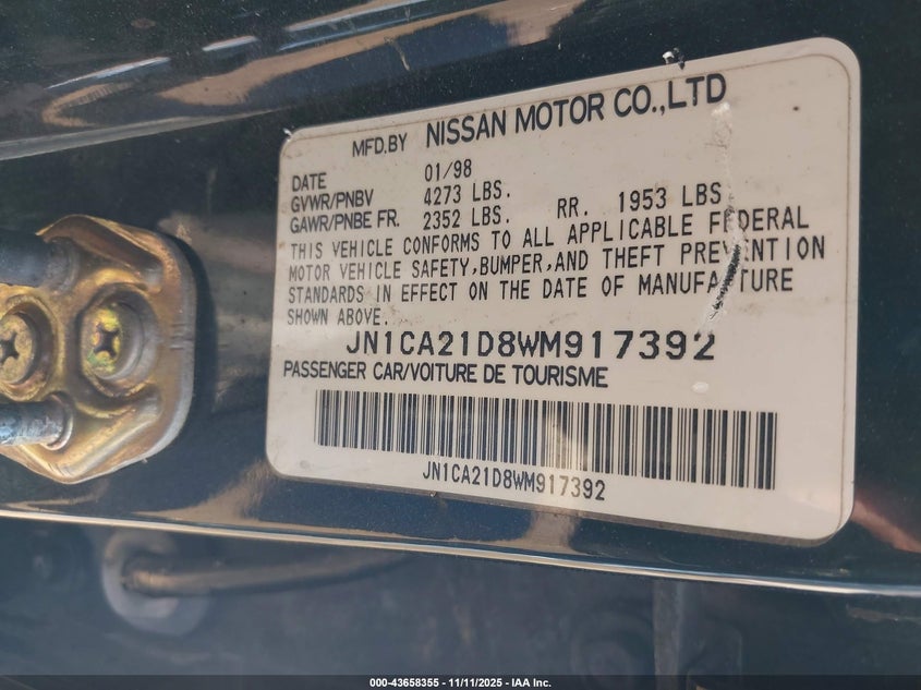 1998 Nissan Maxima Gle/Gxe/Se VIN: JN1CA21D8WM917392 Lot: 43658355