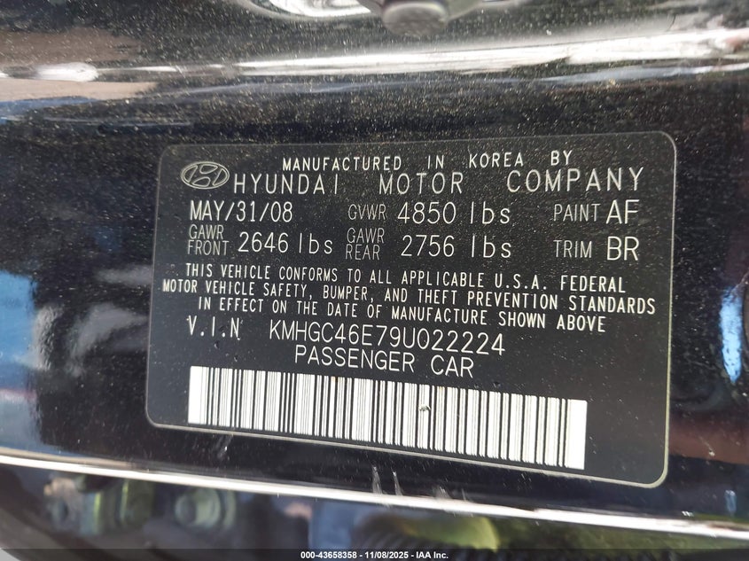 2009 Hyundai Genesis 3.8 VIN: KMHGC46E79U022224 Lot: 43658358