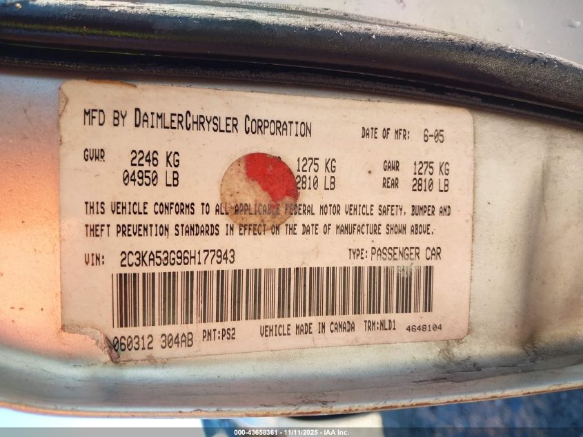 2006 Chrysler 300 Touring VIN: 2C3KA53G96H177943 Lot: 43658361
