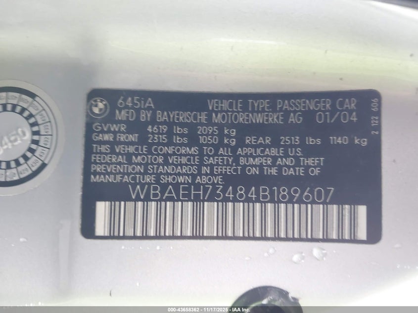 2004 BMW 645Ci VIN: WBAEH73484B189607 Lot: 43658362